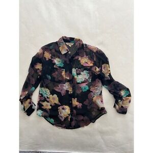 Decree Women Black Floral Sheer Button Down Blouse Long Sleeve Shirt Size M